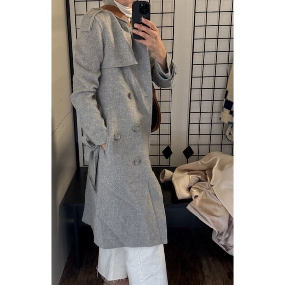 $899 Theory Coat Womens Small S Gray Wool Cashmere Long Overcoat Pockets Trench - Picture 2 of 8